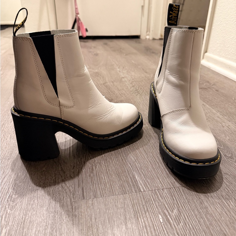 Dr. Martens White Leather Platform Chelsea Boots with Chunky Heel